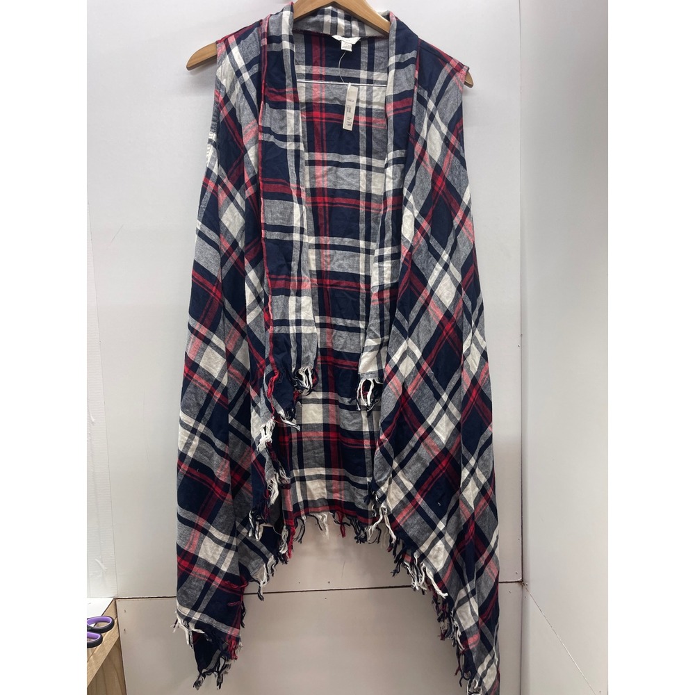 Est. 1946‎ Womens XL Plaid Waterfall Vest Navy Red White Fringe Open Front New